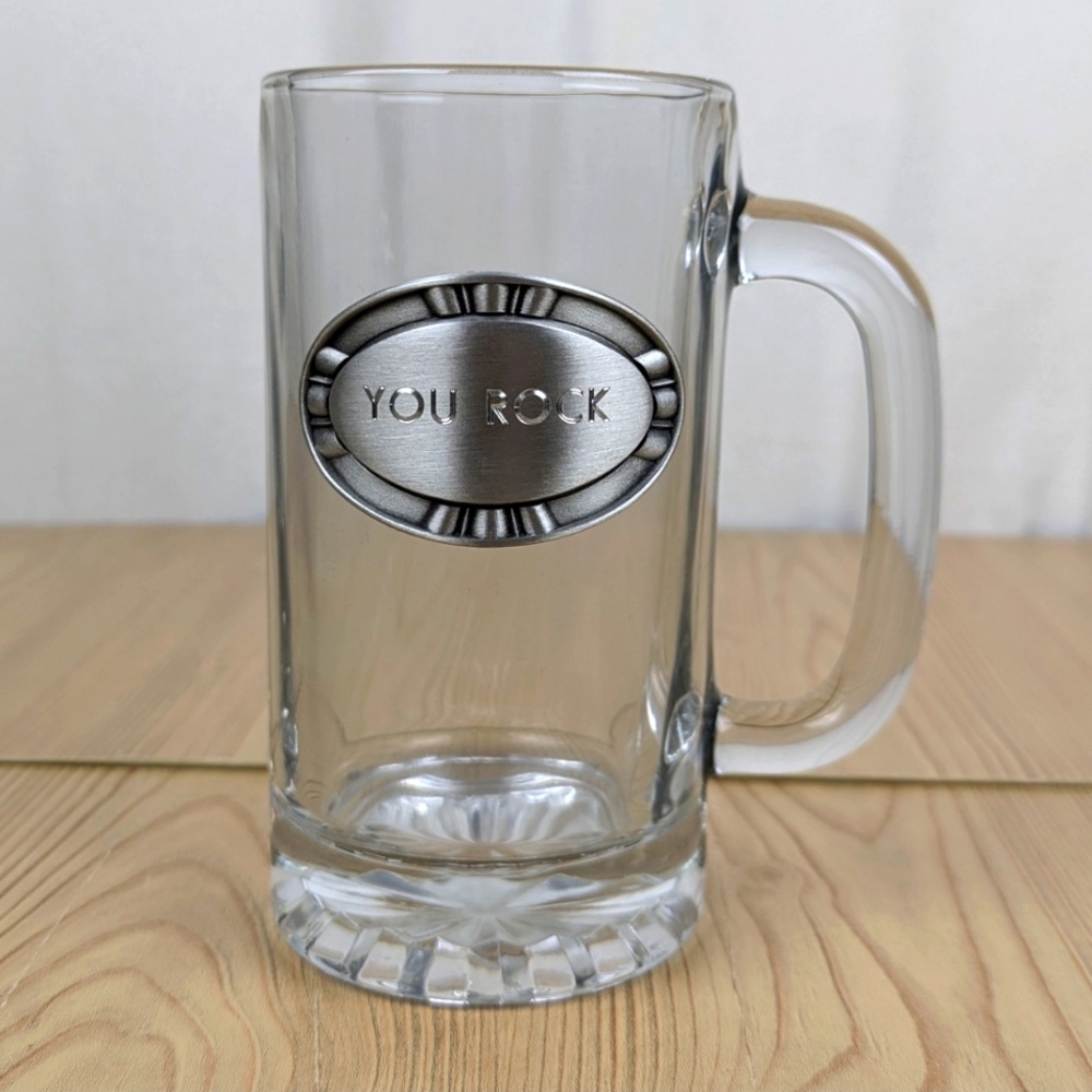 TR Things Remember "You Rock" Beer Mug Heavy Glass With Fine Pewter